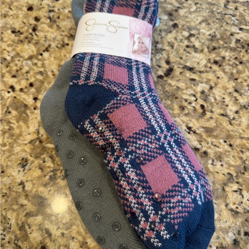 Jessica Simpson Pink and Gray Plaid Cabin Socks NWT